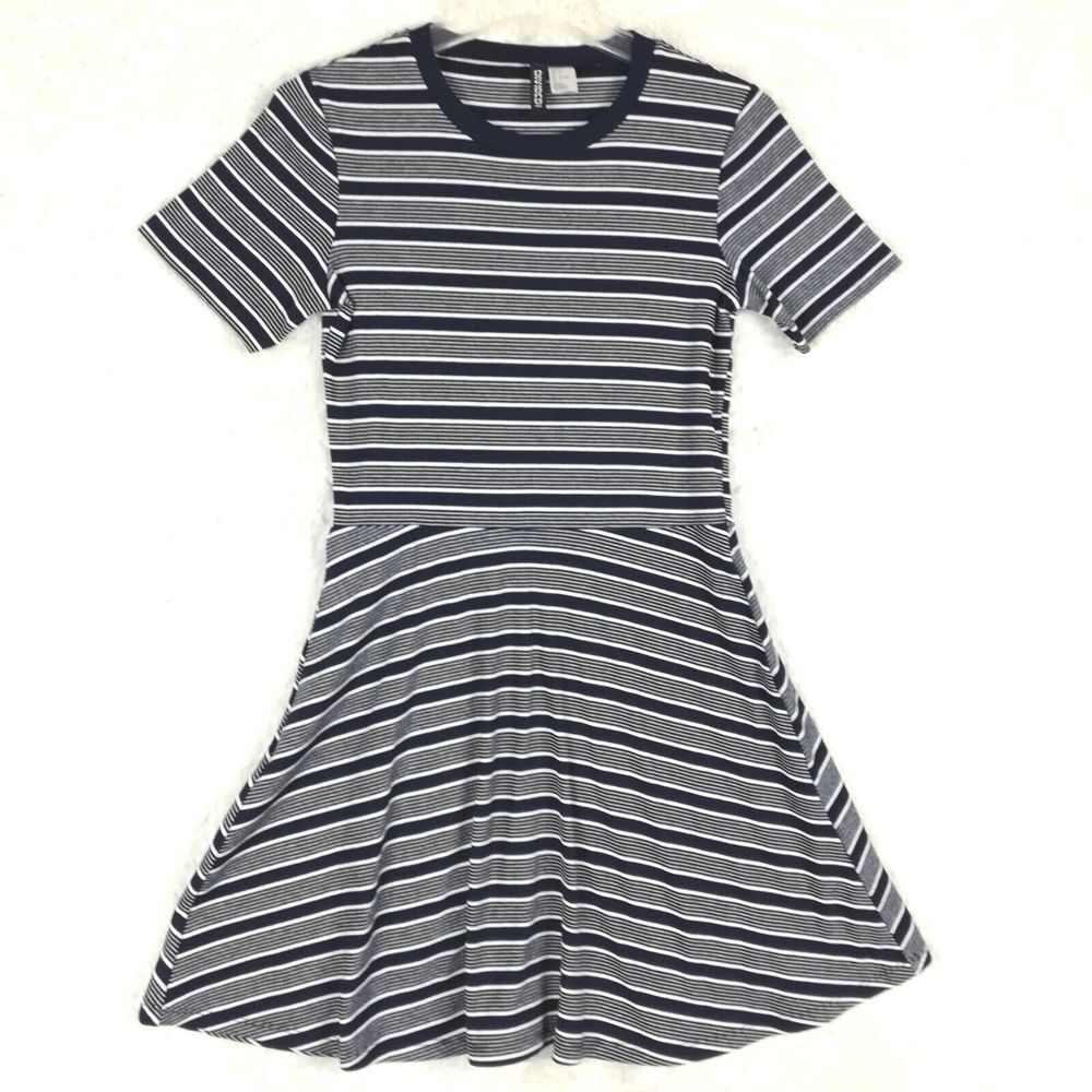 Divided Womens Dress Skater Short Sleeve Navy Stripe Mid Thigh Stretch 6‎